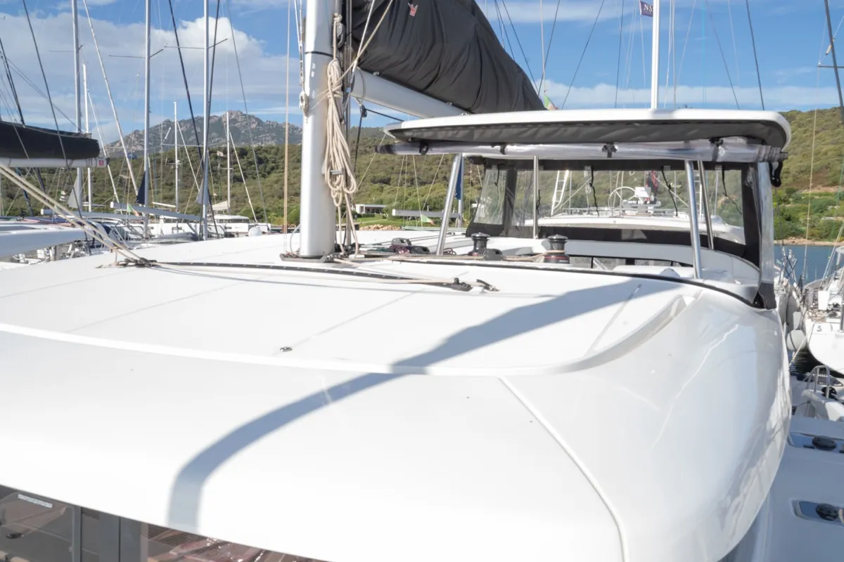 Deck of Archè III, a Lagoon 42 catamaran at Olbia, Italy