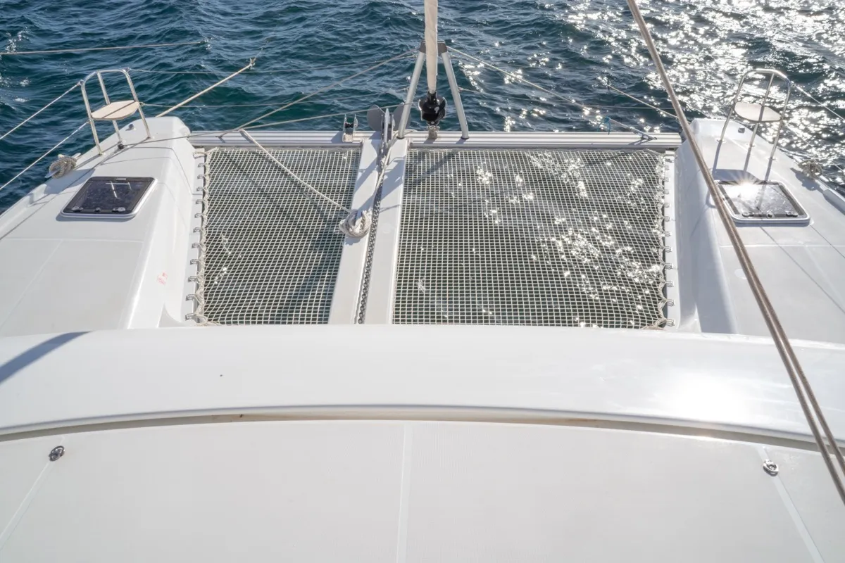 Deck of Archè III, a Lagoon 42 catamaran at Olbia, Italy