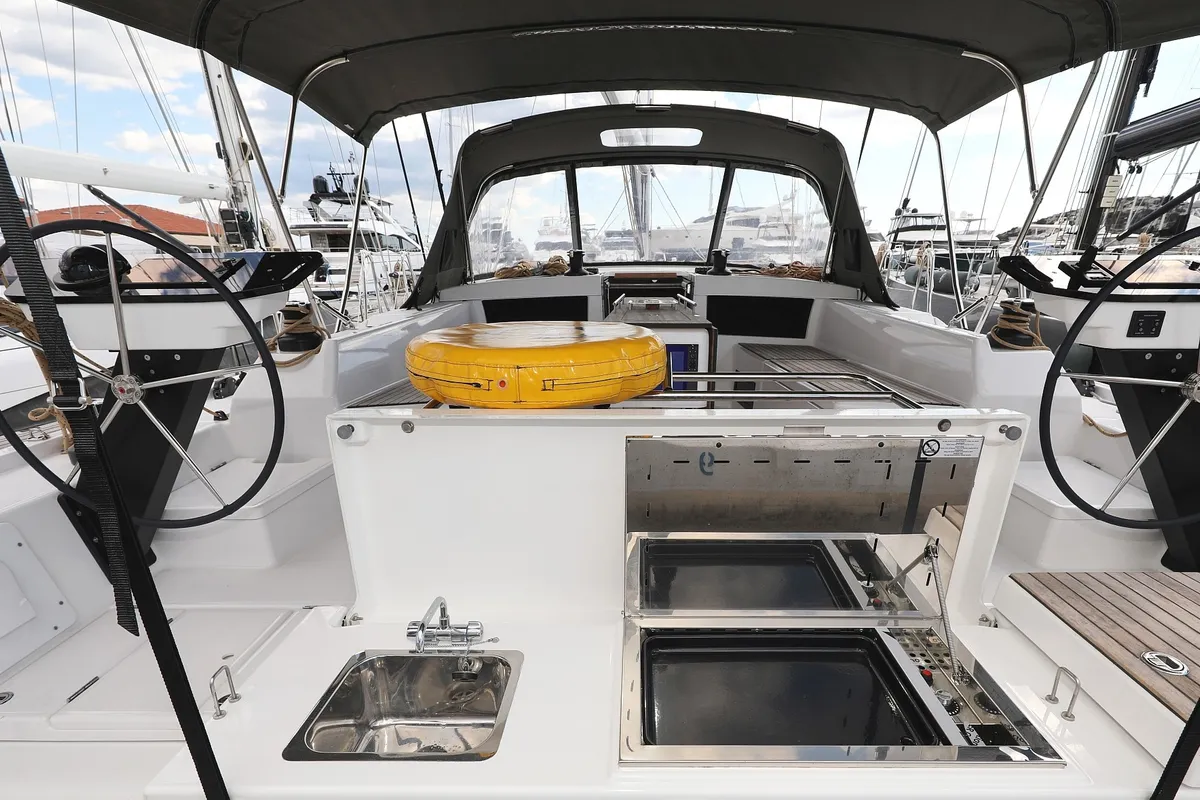 Deck of Tango, a Dufour 470 sailboat at Grad Trogir, Croatia