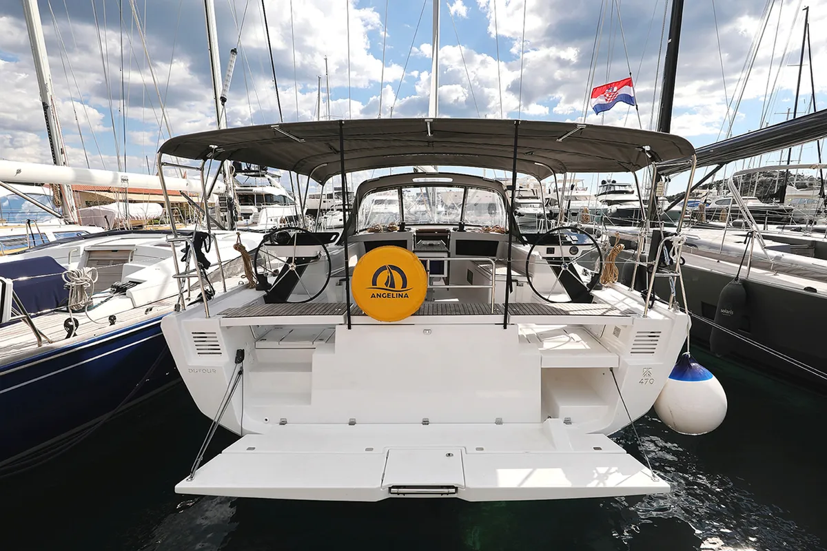 Exterior view of Tango, a Dufour 470 sailboat at Grad Trogir, Croatia