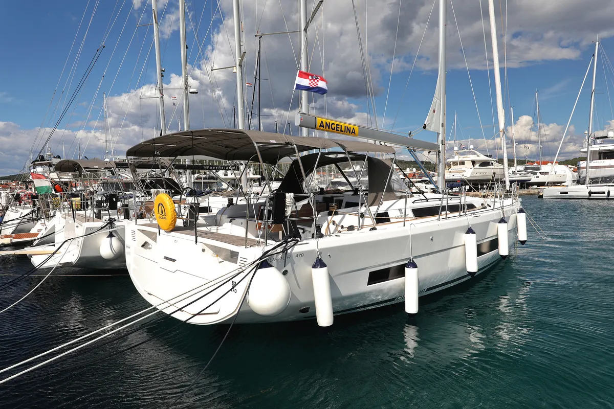 Exterior view of Tango, a Dufour 470 sailboat at Grad Trogir, Croatia