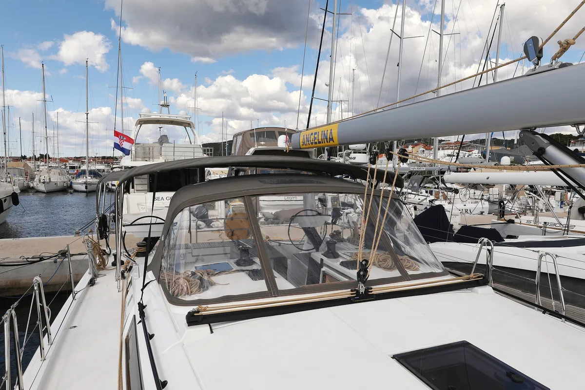 Exterior view of Tango, a Dufour 470 sailboat at Grad Trogir, Croatia