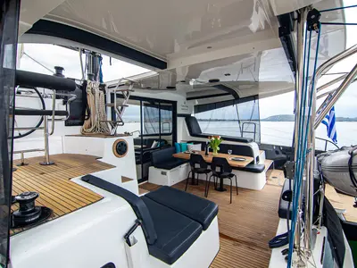 Deck of Casta Diva, a Lagoon 42 catamaran at Preveza, Greece