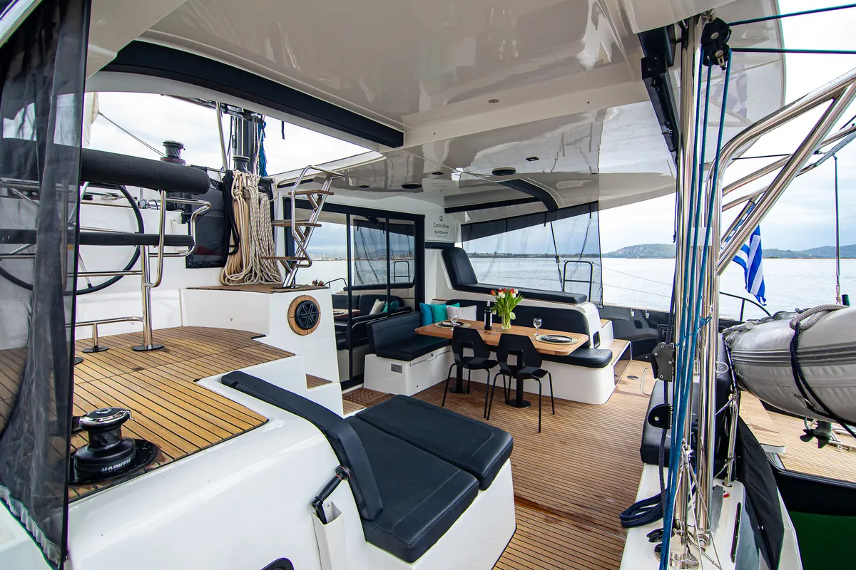 Deck of Casta Diva, a Lagoon 42 catamaran at Preveza, Greece