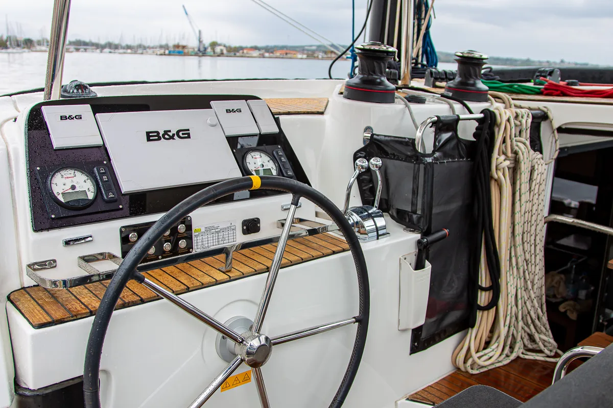 Cockpit of Casta Diva, a Lagoon 42 catamaran at Preveza, Greece