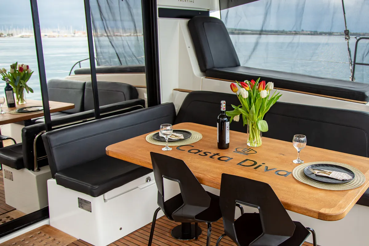 Deck of Casta Diva, a Lagoon 42 catamaran at Preveza, Greece