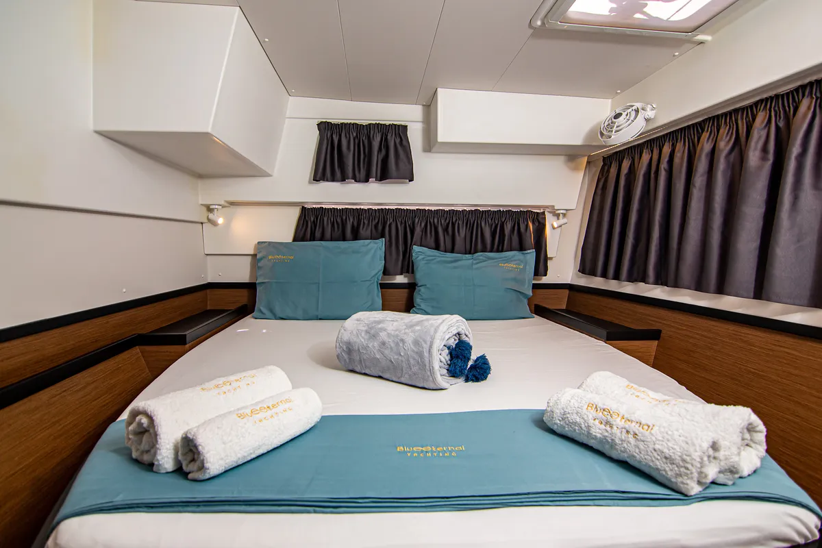 Cabin on Casta Diva, a Lagoon 42 catamaran at Preveza, Greece