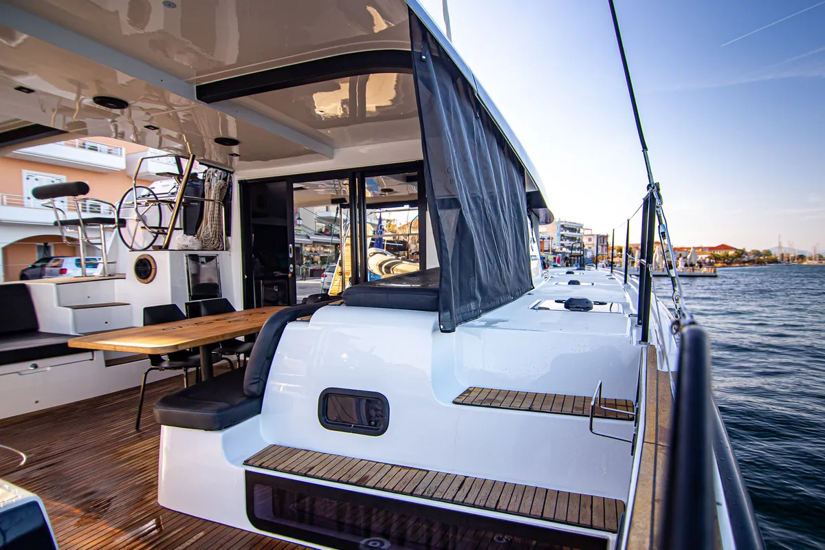 Deck of Casta Diva, a Lagoon 42 catamaran at Preveza, Greece