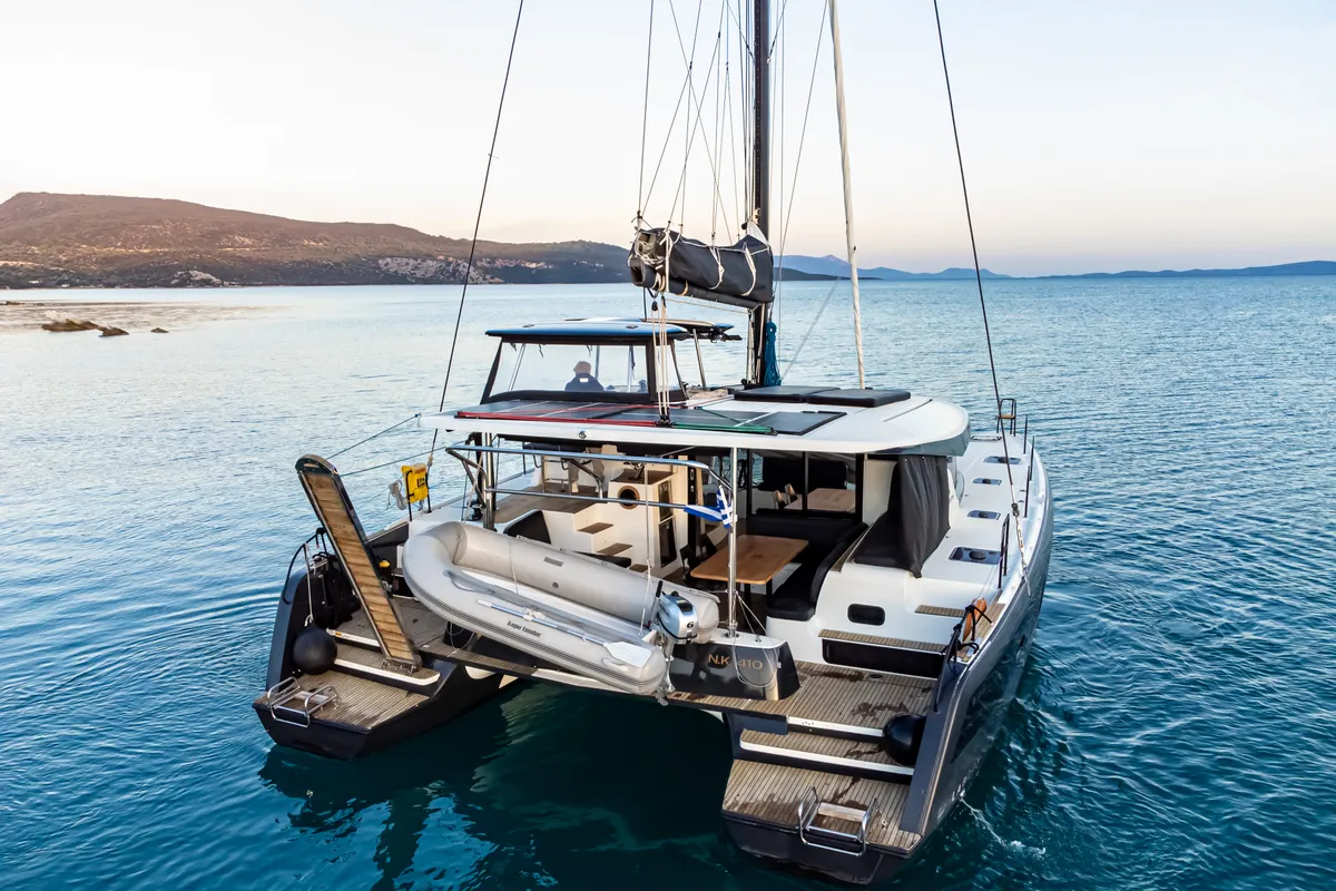 Exterior view of Casta Diva, a Lagoon 42 catamaran at Preveza, Greece