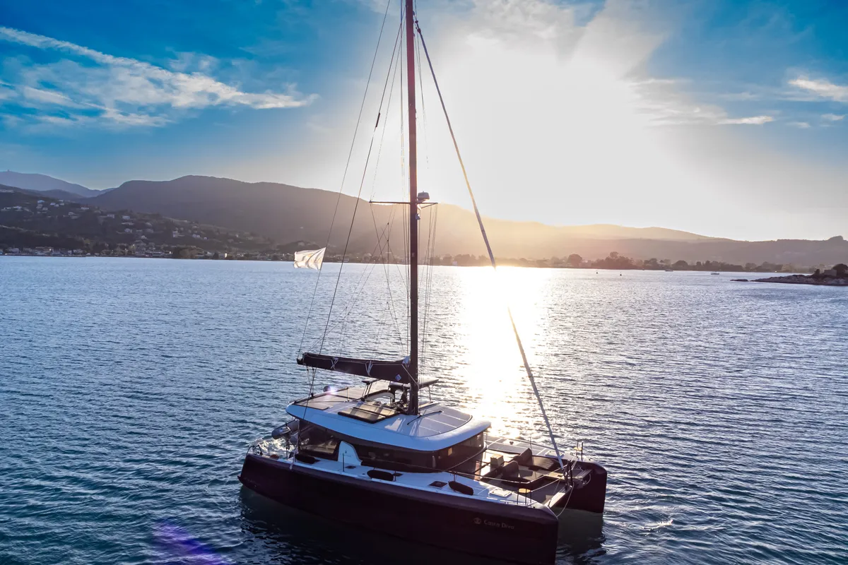 Exterior view of Casta Diva, a Lagoon 42 catamaran at Preveza, Greece