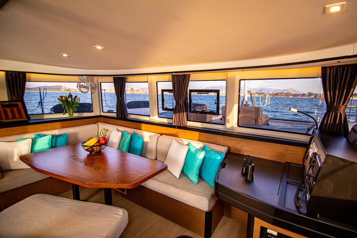 Salon of Casta Diva, a Lagoon 42 catamaran at Preveza, Greece
