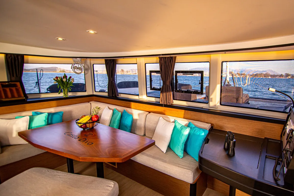 Salon of Casta Diva, a Lagoon 42 catamaran at Preveza, Greece