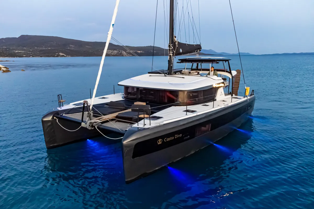 Exterior view of Casta Diva, a Lagoon 42 catamaran at Preveza, Greece