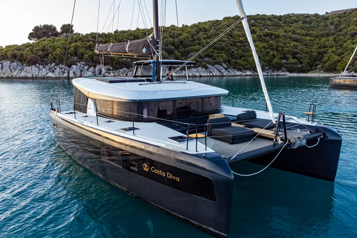 Exterior view of Casta Diva, a Lagoon 42 catamaran at Preveza, Greece