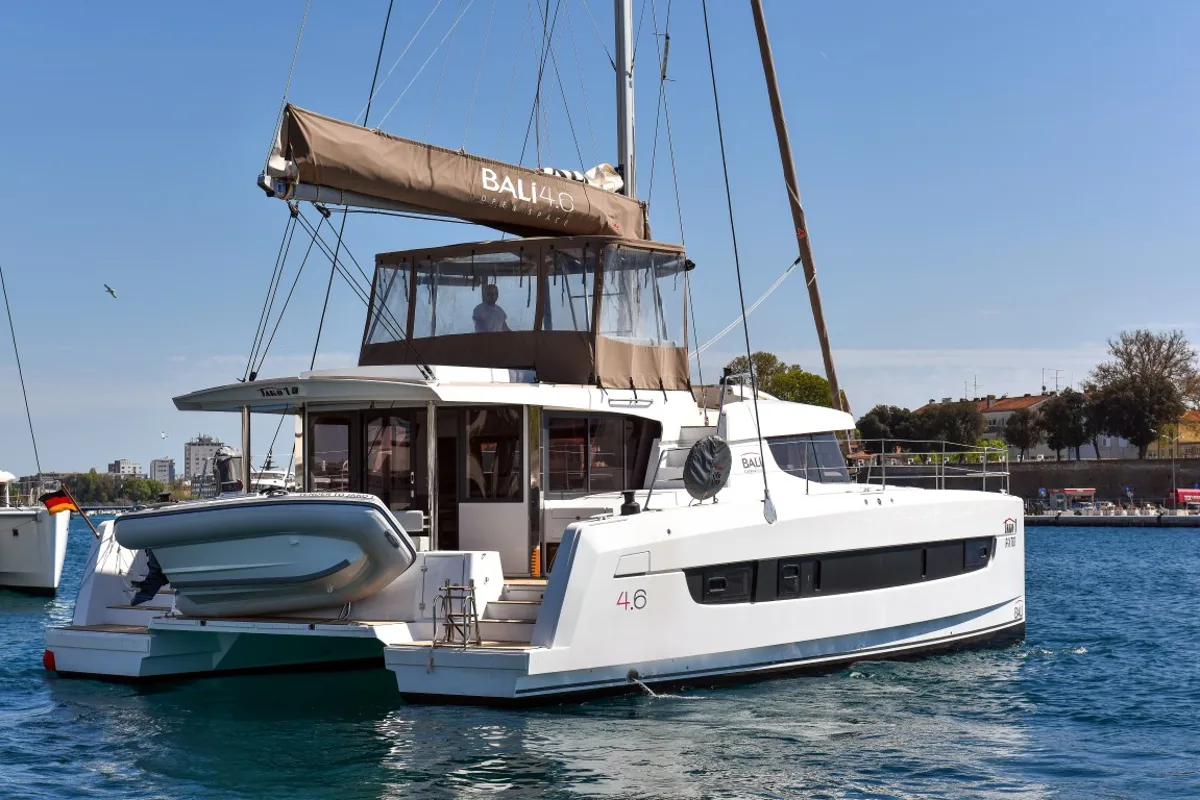 Exterior view of Destiny (Ex: Jako 1), a Bali 4.6 catamaran at Zadar, Croatia