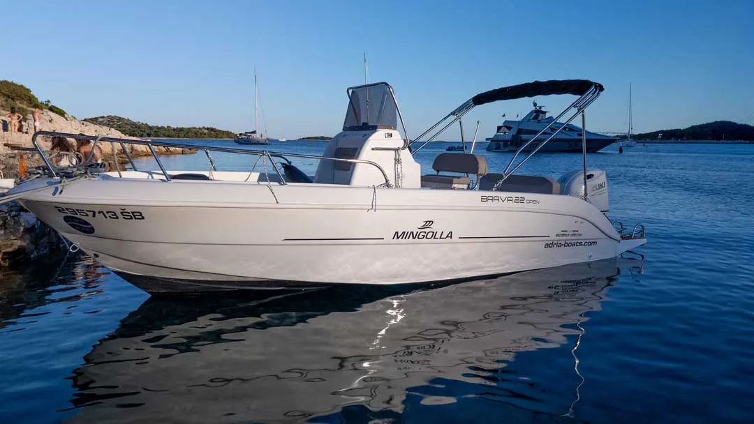 Exterior view of NN, a Mingolla Brava 22 Open motorboat at Grad Šibenik, Croatia