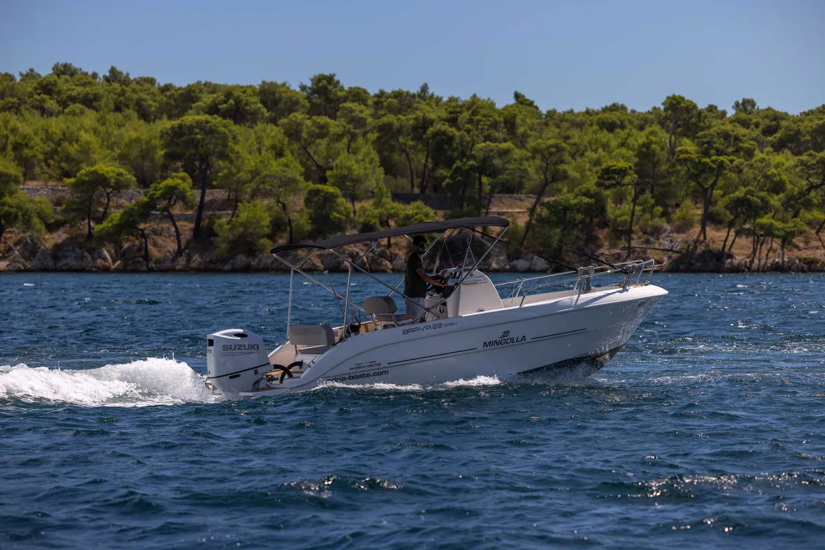 Exterior view of NN, a Mingolla Brava 22 Open motorboat at Grad Šibenik, Croatia