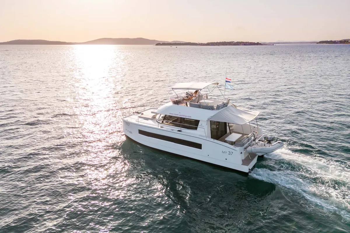 Exterior view of Kalea, a Fountaine Pajot MY 37 catamaran at Grad Šibenik, Croatia