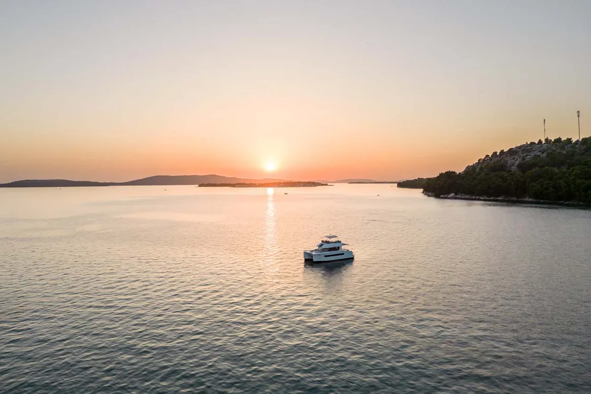 Exterior view of Kalea, a Fountaine Pajot MY 37 catamaran at Grad Šibenik, Croatia