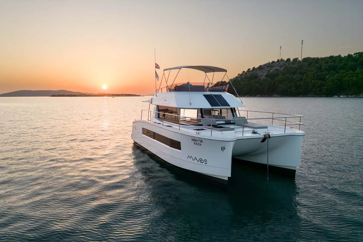 Exterior view of Kalea, a Fountaine Pajot MY 37 catamaran at Grad Šibenik, Croatia