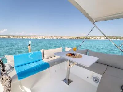Deck of Kalea, a Fountaine Pajot MY 37 catamaran at Grad Šibenik, Croatia