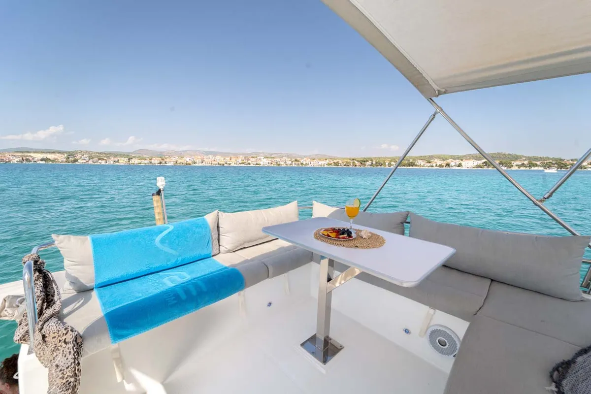 Deck of Kalea, a Fountaine Pajot MY 37 catamaran at Grad Šibenik, Croatia