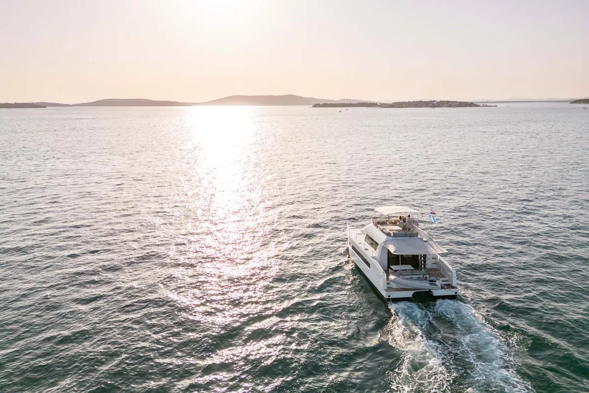 Exterior view of Kalea, a Fountaine Pajot MY 37 catamaran at Grad Šibenik, Croatia
