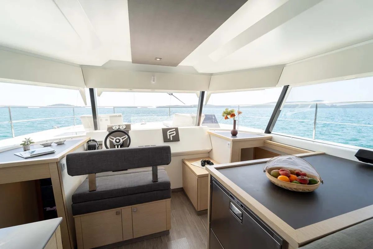 Cockpit of Kalea, a Fountaine Pajot MY 37 catamaran at Grad Šibenik, Croatia