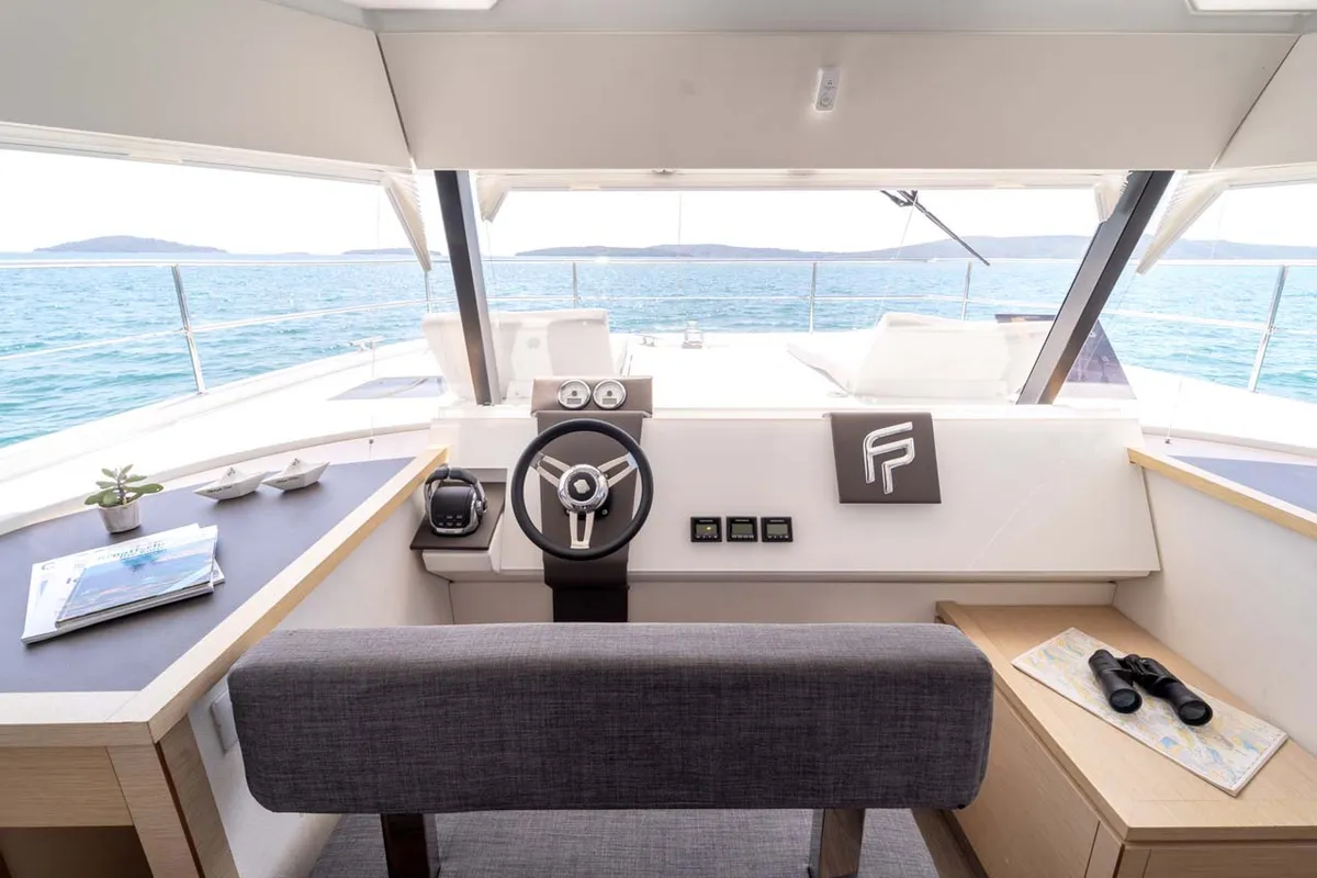 Cockpit of Kalea, a Fountaine Pajot MY 37 catamaran at Grad Šibenik, Croatia