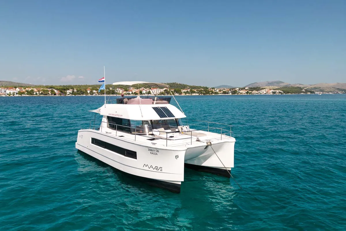 Exterior view of Kalea, a Fountaine Pajot MY 37 catamaran at Grad Šibenik, Croatia