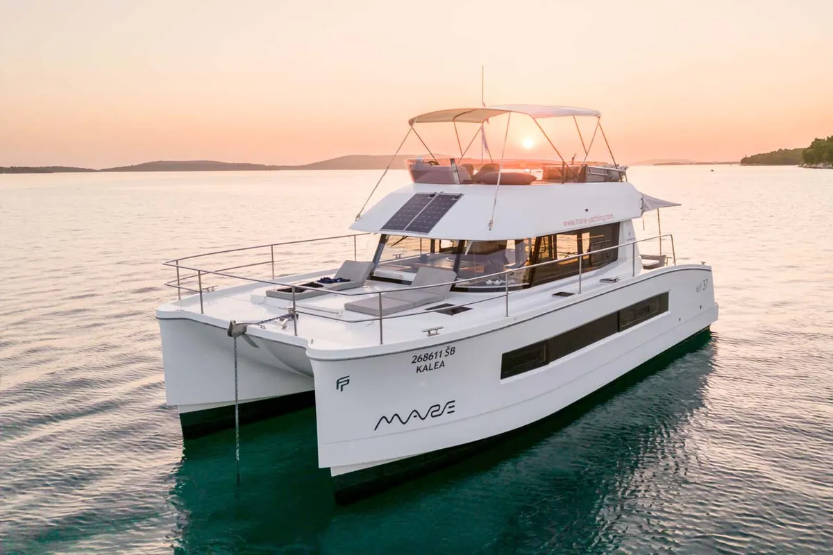 Exterior view of Kalea, a Fountaine Pajot MY 37 catamaran at Grad Šibenik, Croatia