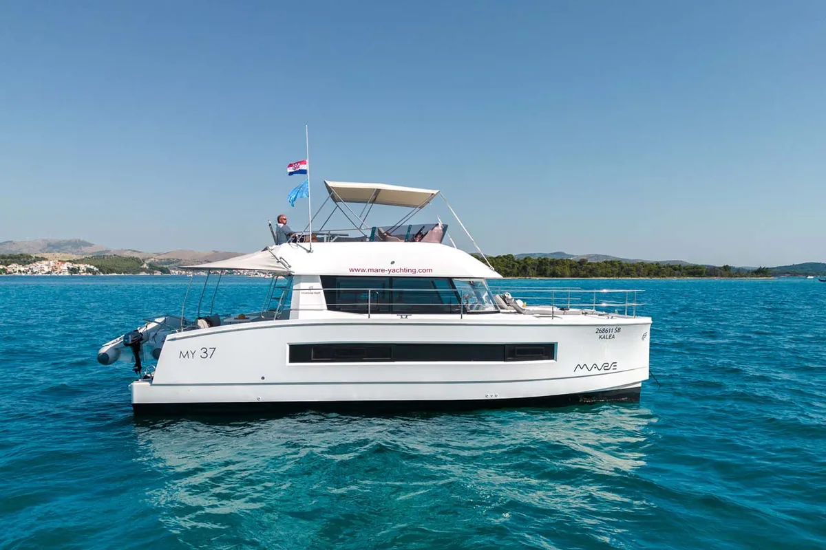 Exterior view of Kalea, a Fountaine Pajot MY 37 catamaran at Grad Šibenik, Croatia