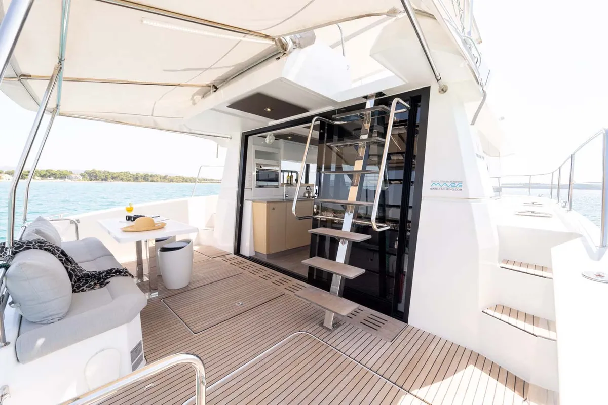 Deck of Kalea, a Fountaine Pajot MY 37 catamaran at Grad Šibenik, Croatia