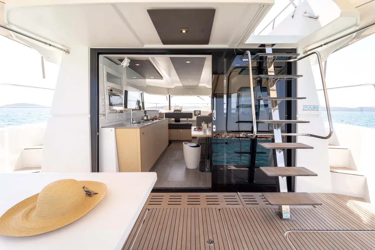 Deck of Kalea, a Fountaine Pajot MY 37 catamaran at Grad Šibenik, Croatia