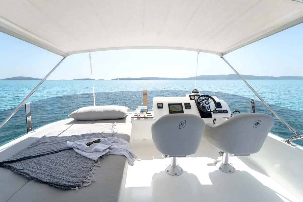 Cockpit of Kalea, a Fountaine Pajot MY 37 catamaran at Grad Šibenik, Croatia