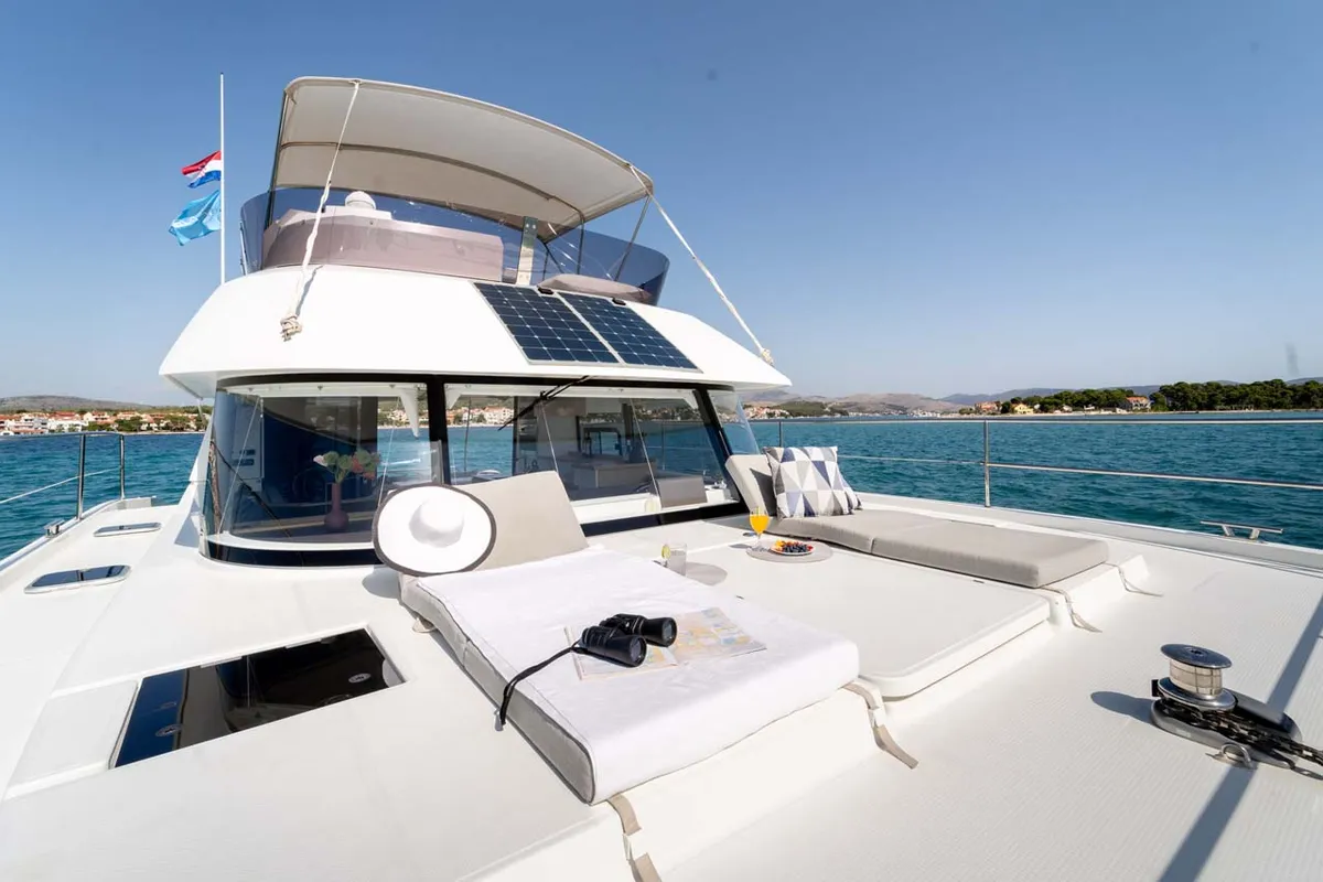 Deck of Kalea, a Fountaine Pajot MY 37 catamaran at Grad Šibenik, Croatia