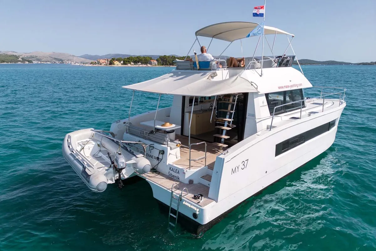 Exterior view of Kalea, a Fountaine Pajot MY 37 catamaran at Grad Šibenik, Croatia