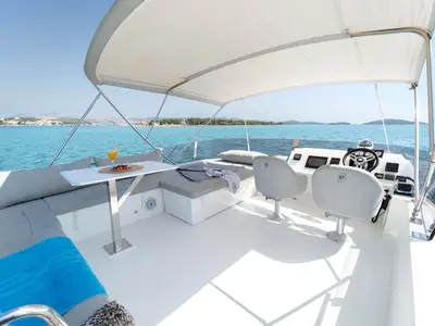 Cockpit of Kalea, a Fountaine Pajot MY 37 catamaran at Grad Šibenik, Croatia