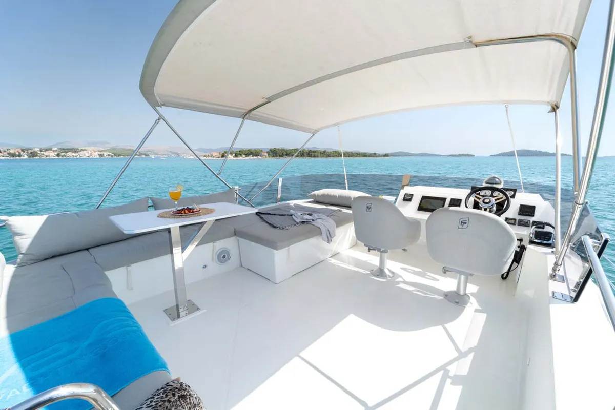 Cockpit of Kalea, a Fountaine Pajot MY 37 catamaran at Grad Šibenik, Croatia