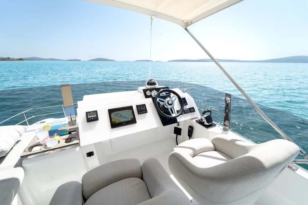 Cockpit of Kalea, a Fountaine Pajot MY 37 catamaran at Grad Šibenik, Croatia