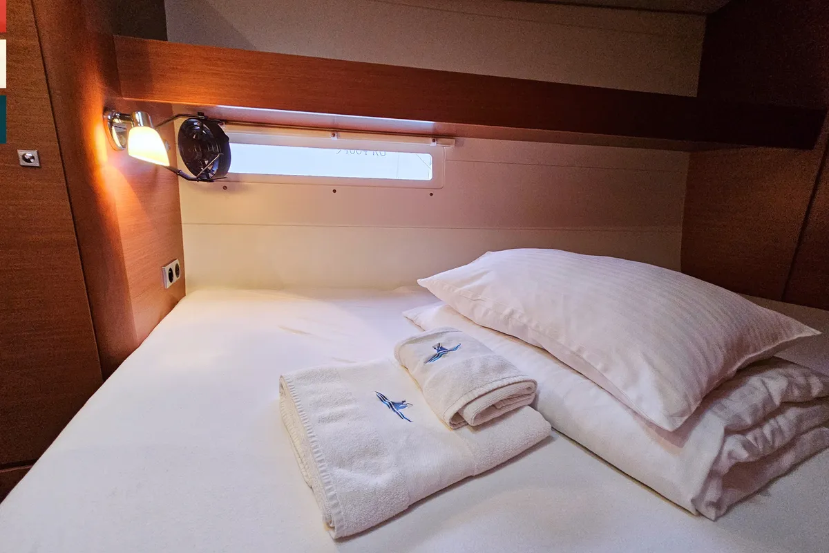 Cabin on Nadine AC/Gen, a Dufour 460 Grand Large sailboat at Općina Rogoznica, Croatia