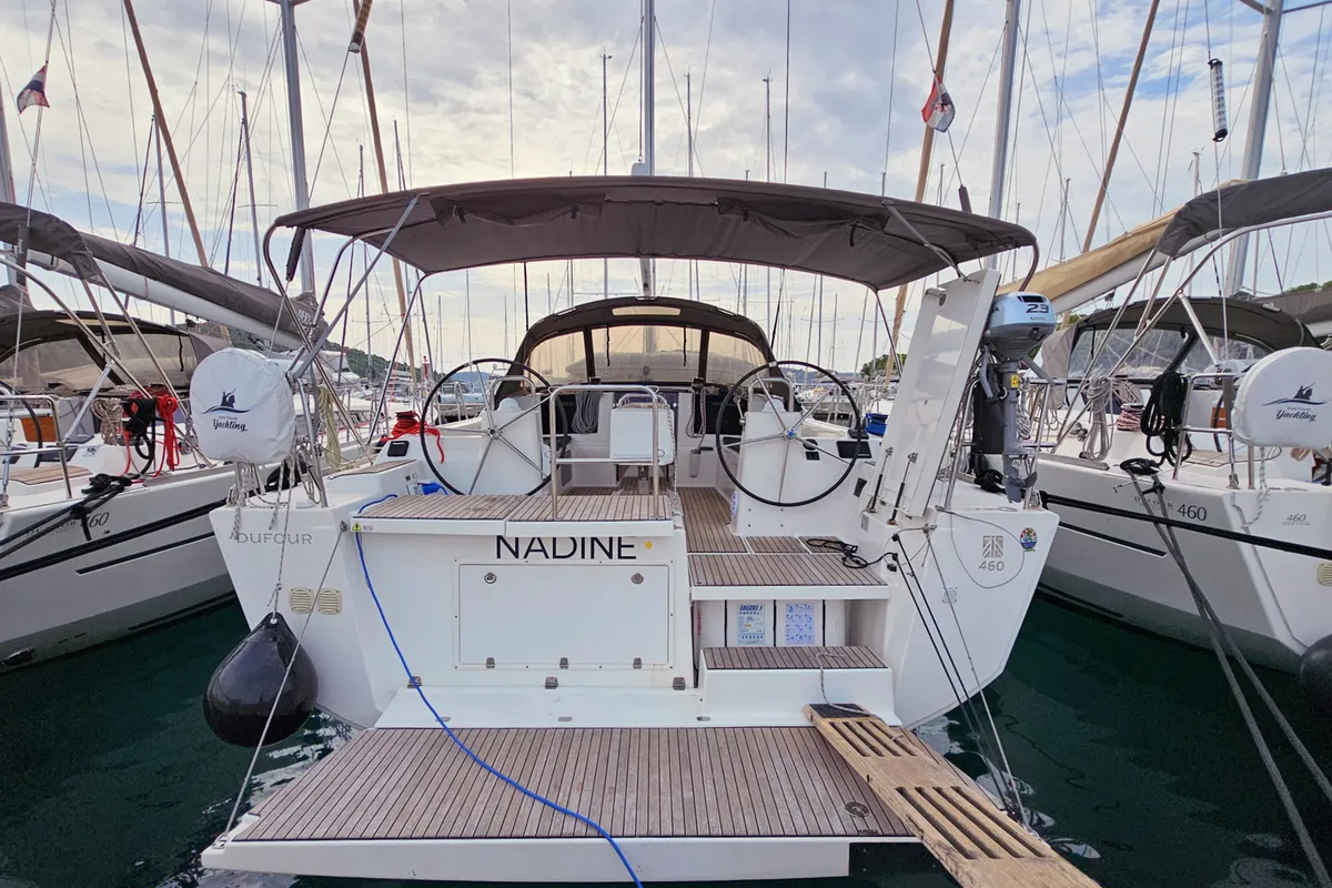 Exterior view of Nadine AC/Gen, a Dufour 460 Grand Large sailboat at Općina Rogoznica, Croatia