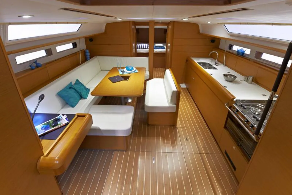 Salon of Joy, a Jeanneau Sun Odyssey 479 sailboat at Municipal Unit of Elefsina, Greece