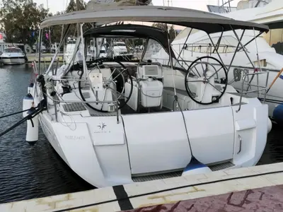 Cockpit of Joy, a Jeanneau Sun Odyssey 479 sailboat at Municipal Unit of Elefsina, Greece