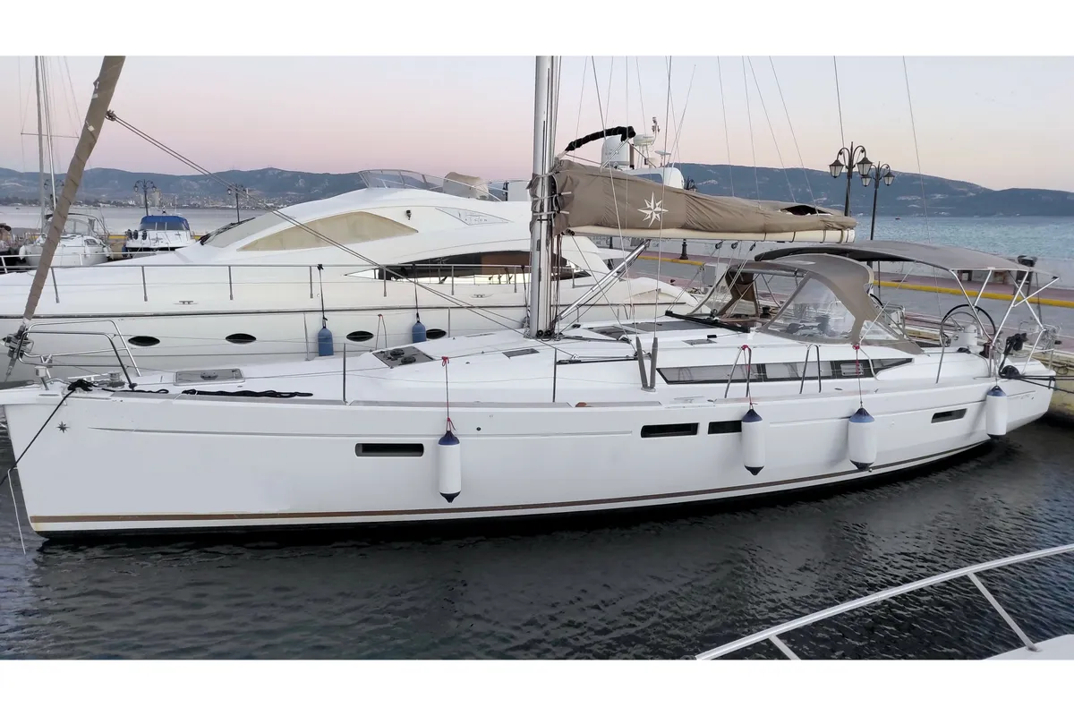 Exterior view of Joy, a Jeanneau Sun Odyssey 479 sailboat at Municipal Unit of Elefsina, Greece