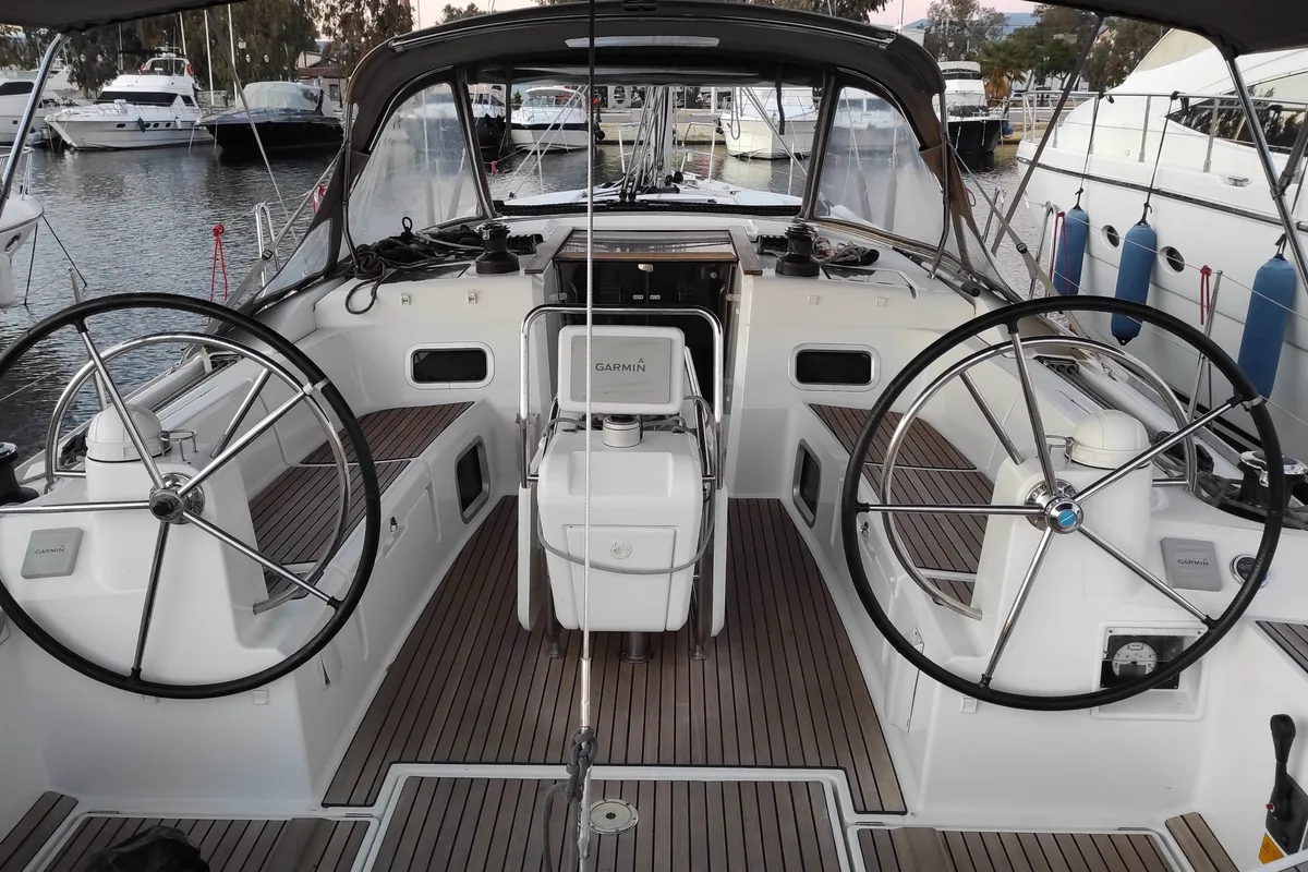 Cockpit of Joy, a Jeanneau Sun Odyssey 479 sailboat at Municipal Unit of Elefsina, Greece
