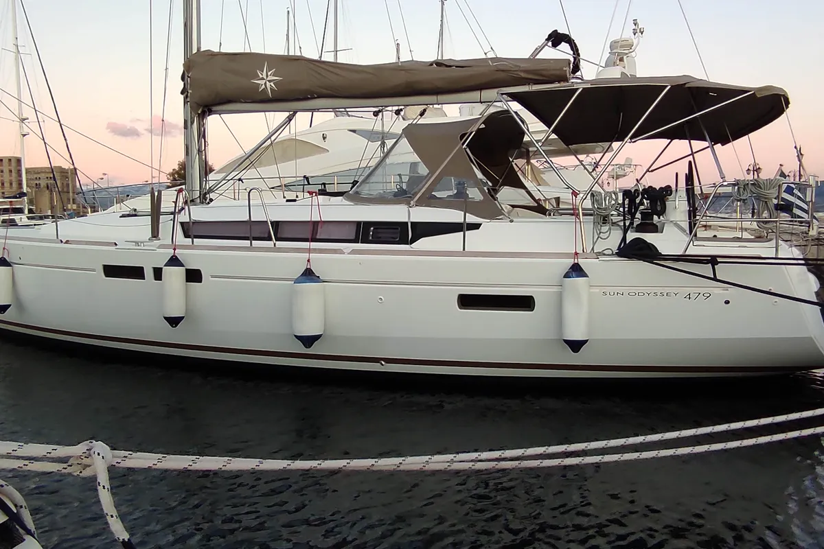 Exterior view of Joy, a Jeanneau Sun Odyssey 479 sailboat at Municipal Unit of Elefsina, Greece