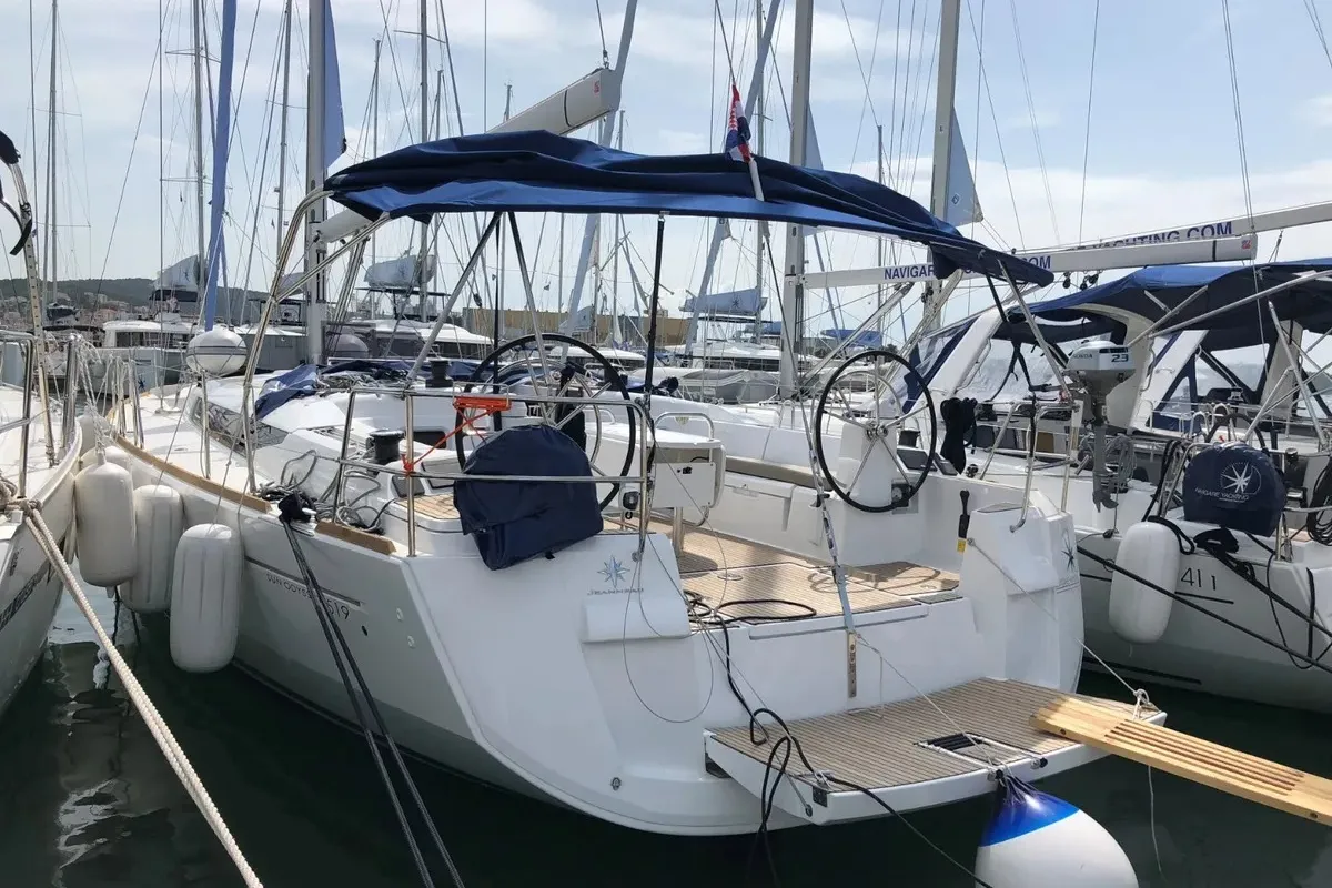 Exterior view of Freyja, a Jeanneau Sun Odyssey 519 sailboat at Seget Donji, Croatia
