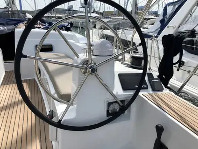 Cockpit of Freyja, a Jeanneau Sun Odyssey 519 sailboat at Seget Donji, Croatia