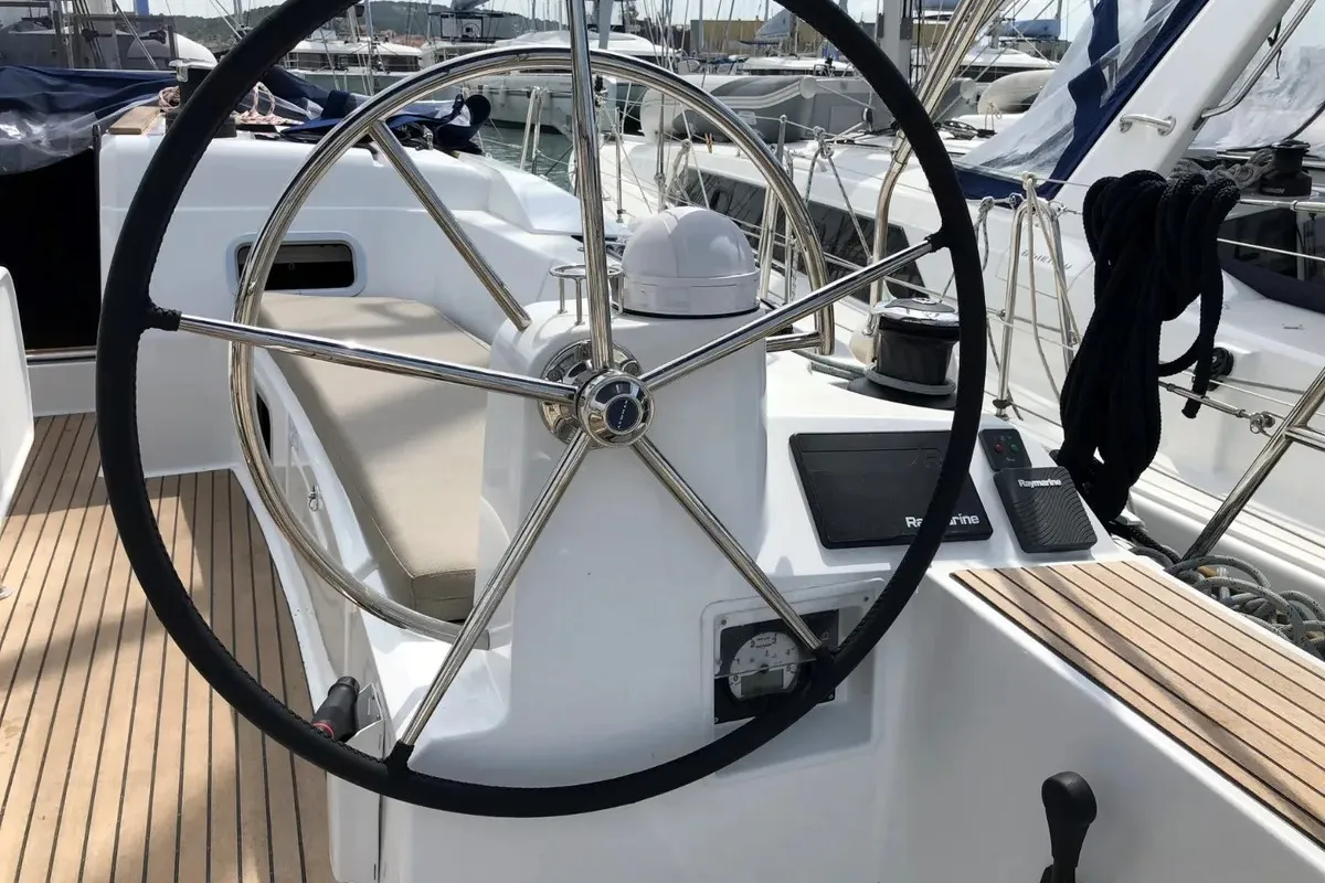Cockpit of Freyja, a Jeanneau Sun Odyssey 519 sailboat at Seget Donji, Croatia